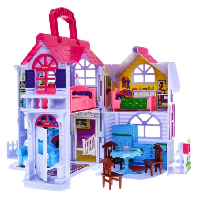 Maison de poupées pliable 3+ Violet + figurines de famille + chien + meubles + 2 étages