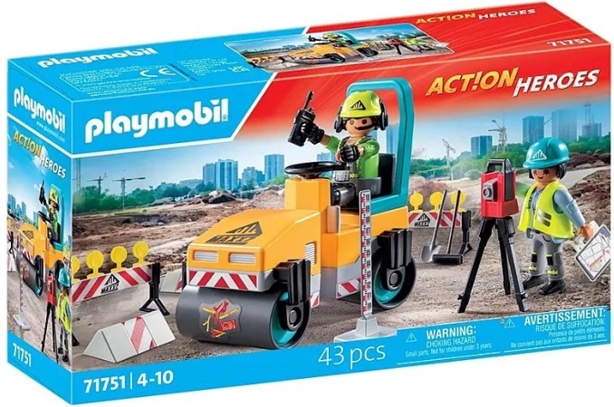 Action Heroes travaux routiers – set de construction avec rouleau compresseur et figurines
