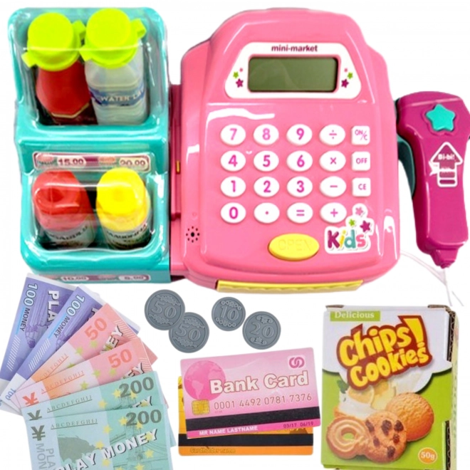 WOOPIE Caisse enregistreuse pour enfants avec étagère et accessoires rose