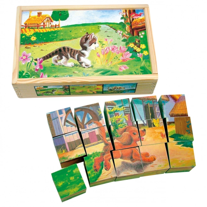 Cubes en bois Bino animaux domestiques 15 pièces