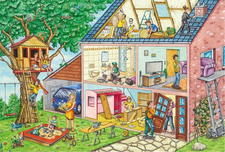 Motif coloré de maison et cabane dans l’arbre