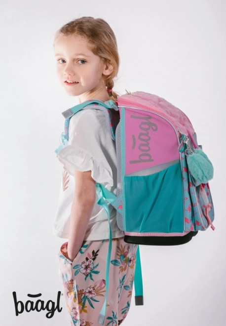 Cartable scolaire avec motif flamant rose