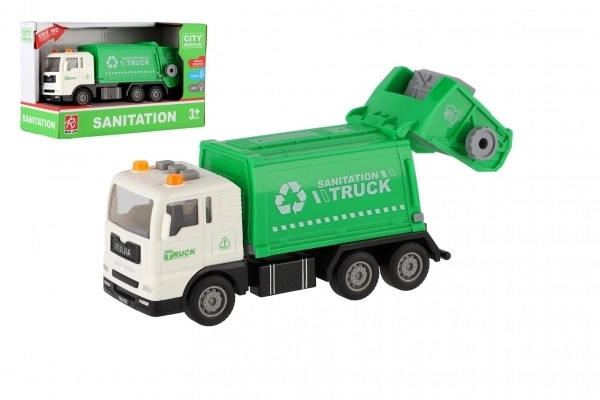 Camion de poubelle plastique 17cm à inertie avec lumière et son dans une boîte 21x13x9cm