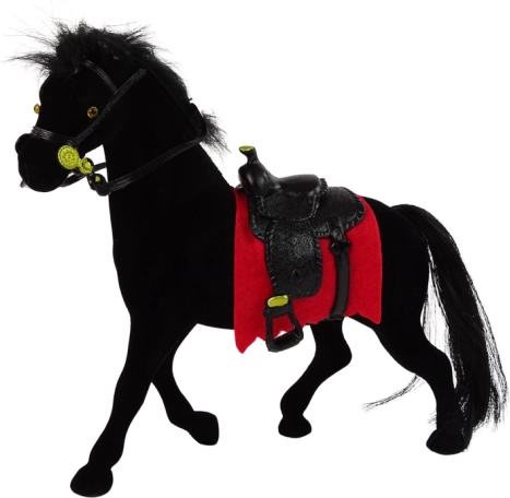 figurine en velours d’un cheval noir avec tapis de selle rouge et selle