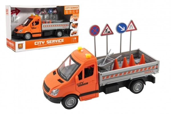 Véhicule d'entretien routier plastique 25cm à friction à piles avec son et lumière en boîte 32x19x12cm