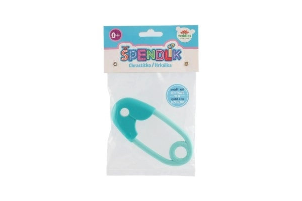 Hochet épingle plastique 12cm turquoise 12x19cm en sachet 0+