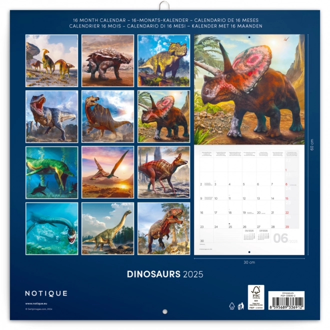 NOTIQUE Calendrier de notes Dinosaures 2025, 30 x 30 cm