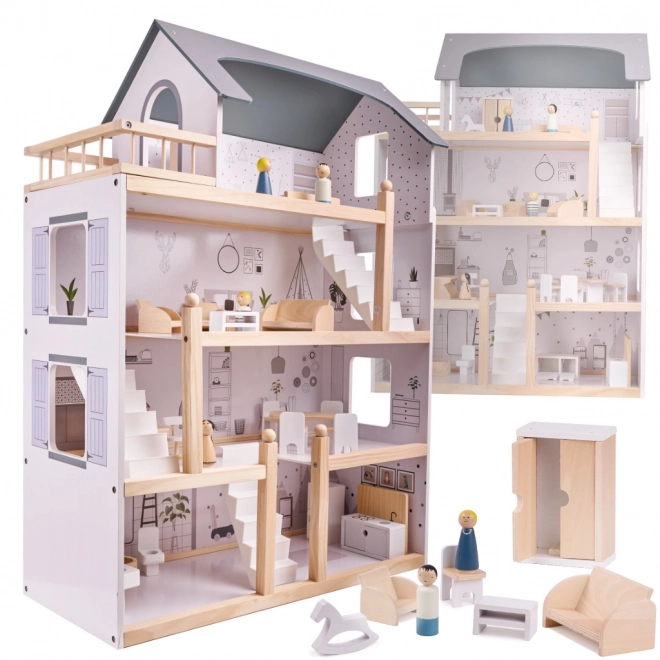 Maison de poupée en bois clair avec meubles - 80cm