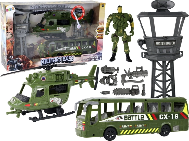 Set militaire avec hélicoptère, véhicule de combat, tour de contrôle et figurine de soldat
