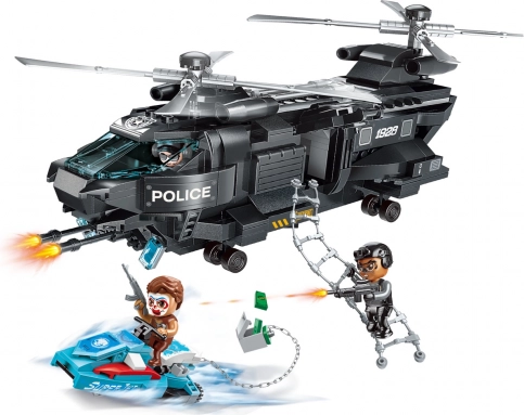 Qman Police Battle Force mission secrète Aigle – hélicoptère de police avec scooter des mers et figurines