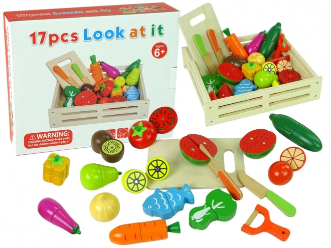 Fruits et légumes en bois dans une boîte à aimants