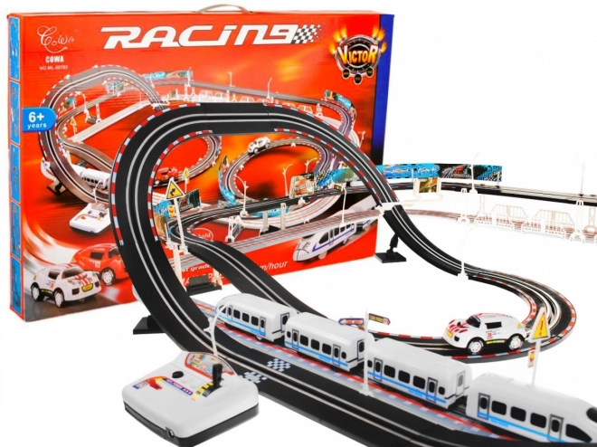Chemin de fer électrique Circuit de course 2 en 1 pour enfants de 6+ avec télécommande + locomotives + wagons + petites voitures