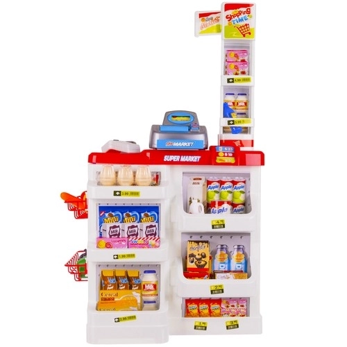 Supermarché avec caisse, panier et accessoires