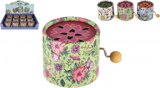 Boîte à musique à manivelle – boîte métallique au motif floral, 9 cm