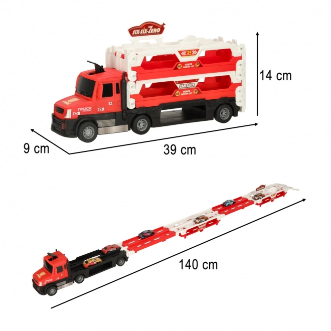 Camion rouge avec circuit caché et 6 petites voitures