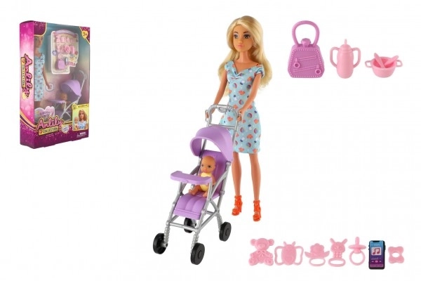 Poupée Anlily 30cm avec petite fille et poussette + accessoires en plastique dans une boîte 20x32x7cm