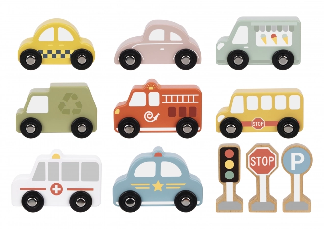 Ensemble de véhicules et de panneaux de signalisation en bois