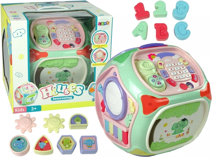 Cube éducative interactive avec trieur, téléphone et petit piano