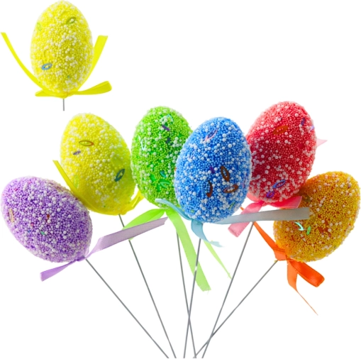 Oeufs de Pâques sur pique avec petit ruban, ensemble coloré 6 pcs
