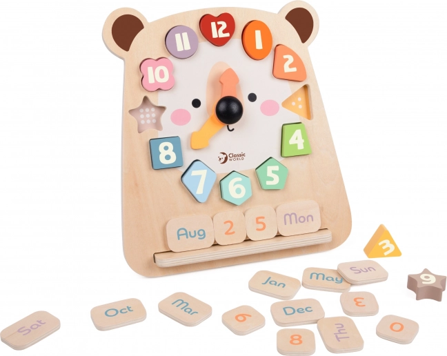 Horloge éducative en bois ourson Classic World 3‑en‑1 pour l’apprentissage de l’heure, du calcul et des dates