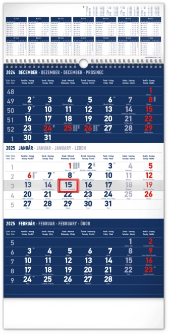 NOTIQUE Calendrier mural standard 3 mois bleu – avec vue annuelle 2025, 29,5 x 43 cm
