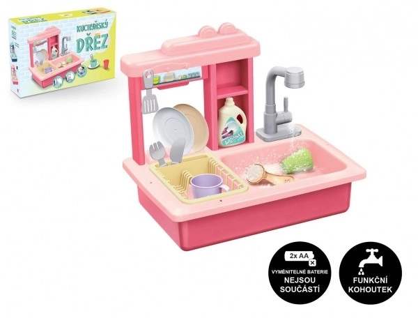Évier rose pour laver la vaisselle + robinet d'eau à piles en plastique avec accessoires dans une boîte 46x28x12cm