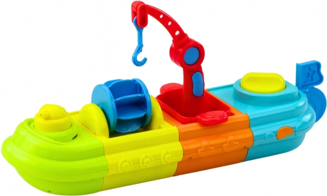 Jouet de bain Bateau avec des éléments colorés, Grue, Crochet, Canard et Tortue