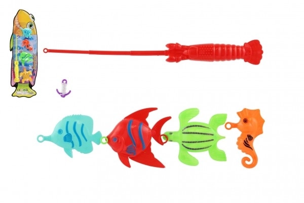 Jeu de poisson/pêcheur avec canne à pêche 26cm plastique 5 couleurs sur carte 15,5x49x2cm