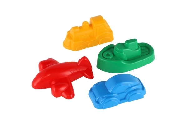 Moules Gâteaux de Sable 4pcs plastique véhicules dans un filet 12m+