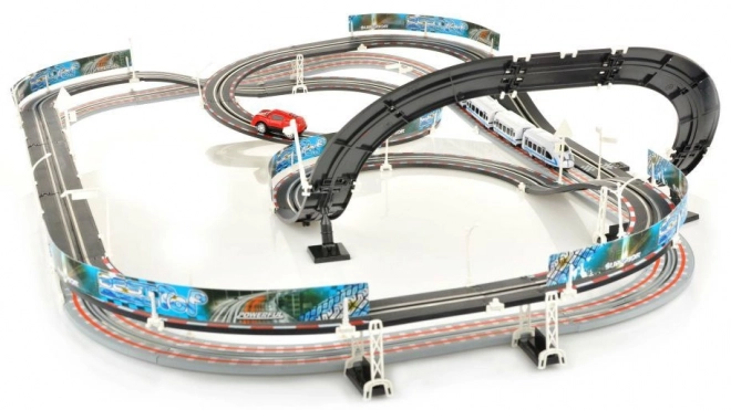 Chemin de fer électrique Circuit de course 2 en 1 pour enfants de 6+ avec télécommande + locomotives + wagons + petites voitures