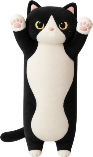 Chat en peluche allongé coussin noir et blanc 70 cm