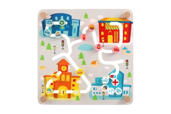 Inséreur/labyrinthe éducatif Ville/Recyclage 2en1 en bois 30x30cm dans une boîte 32x32x6cm