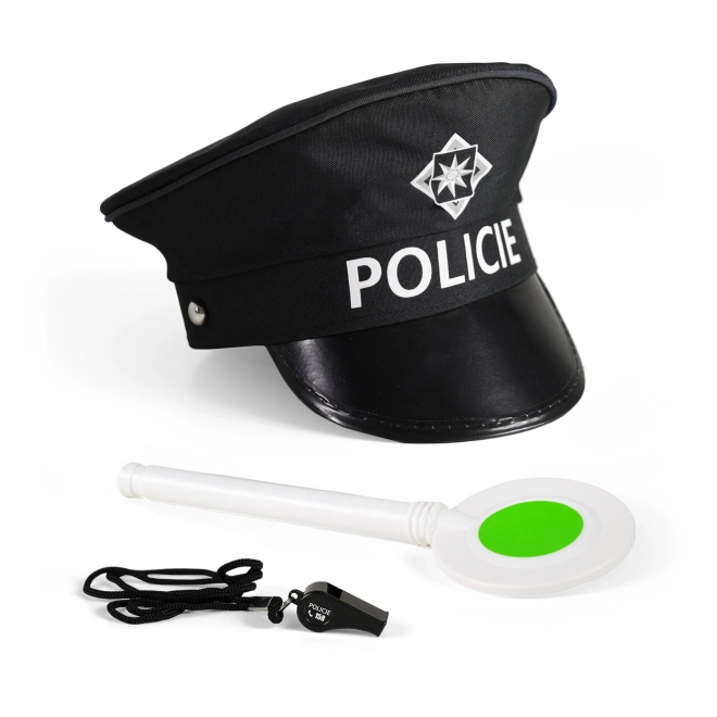 Ensemble de police tissu/plastique casquette, bâton, sifflet sur carte 30x48x8cm