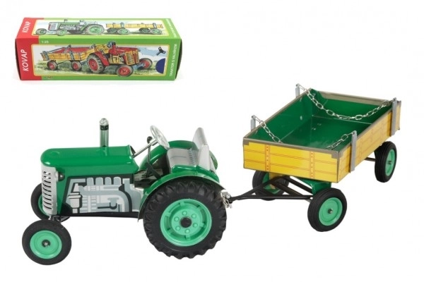 Tracteur Zetor avec remorque verte à clé en métal 28cm Kovap en boîte