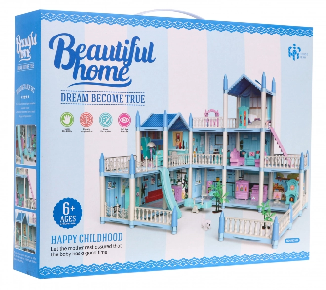 Maison de poupées à trois étages Cadeau pour filles 6+ Villa bleue avec accessoires