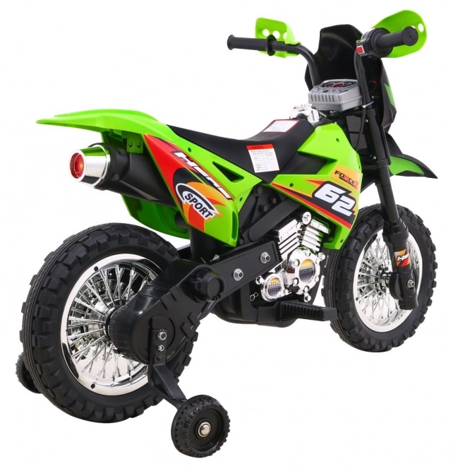 Moto cross électrique pour enfants à batterie – verte, avec roulettes stabilisatrices et feux LED