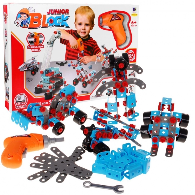 Kit de construction pour enfants + tournevis électrique + outils + 10 modèles à construire - 552 pièces