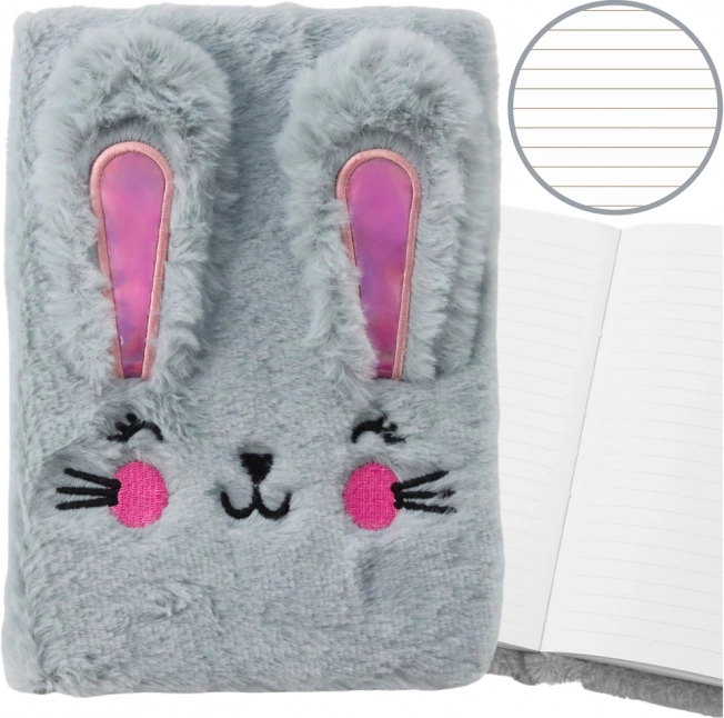 Carnet en peluche A5 avec petit lapin, ligné, gris