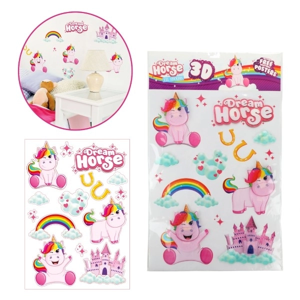 Autocollants muraux licorne XXL 3D dans un sachet 38x63cm