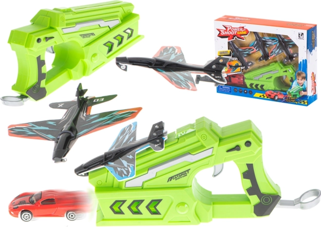 Pistolet lanceur avec avions et petite voiture – set 2-en-1 (3 avions + voiture)