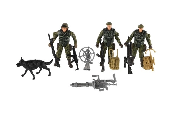 Set de soldats avec chien et accessoires 12 pièces en plastique dans un sachet 17x20x3cm