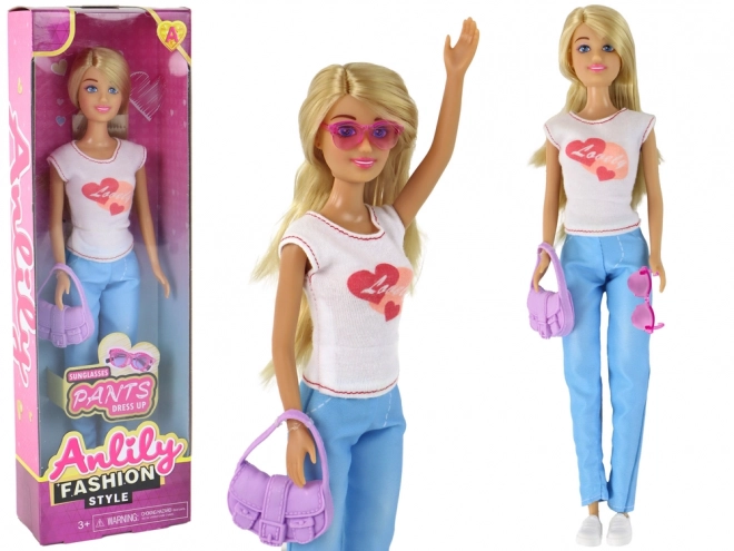 Poupée Anlily avec longs cheveux blonds, sac à main et lunettes