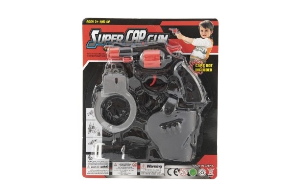 Pistolet à capsules 8 coups en plastique 13cm avec étui et menottes sur carte