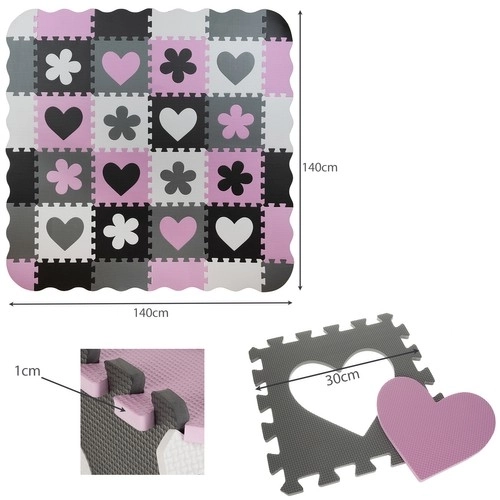 Puzzle en mousse rose contrastée avec cœurs et fleurs