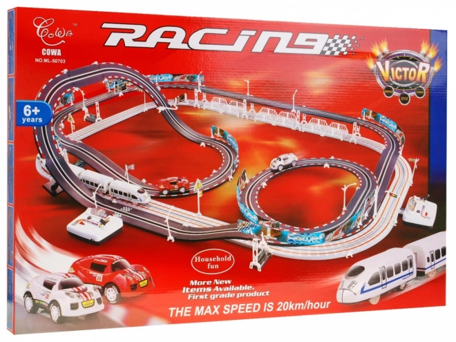 Chemin de fer électrique Circuit de course 2 en 1 pour enfants de 6+ avec télécommande + locomotives + wagons + petites voitures
