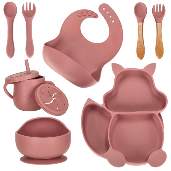 Ensemble de vaisselle en silicone écureuil rose foncé - 9 pièces