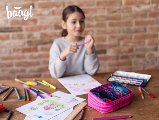 BAAGL Trousse scolaire trois étages Flamants roses