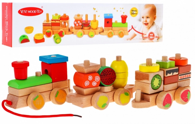 Locomotive en bois avec trois wagons pour enfants 3+ Jouet sensoriel + 27 blocs