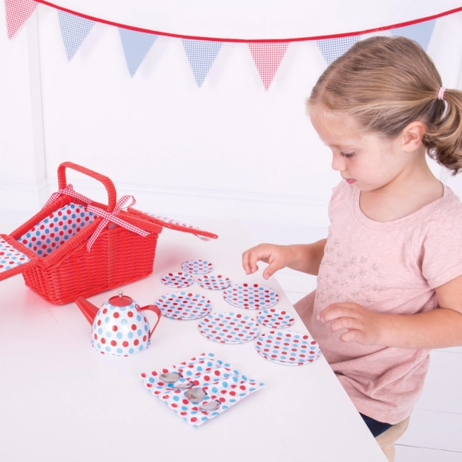 Bigjigs Toys Ensemble à pois pour le thé dans un panier de pique-nique