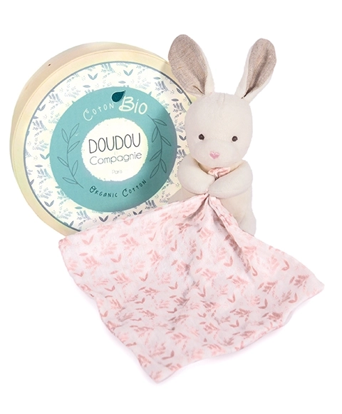 Ensemble cadeau Doudou - Lapin en peluche avec couverture rose en coton BIO